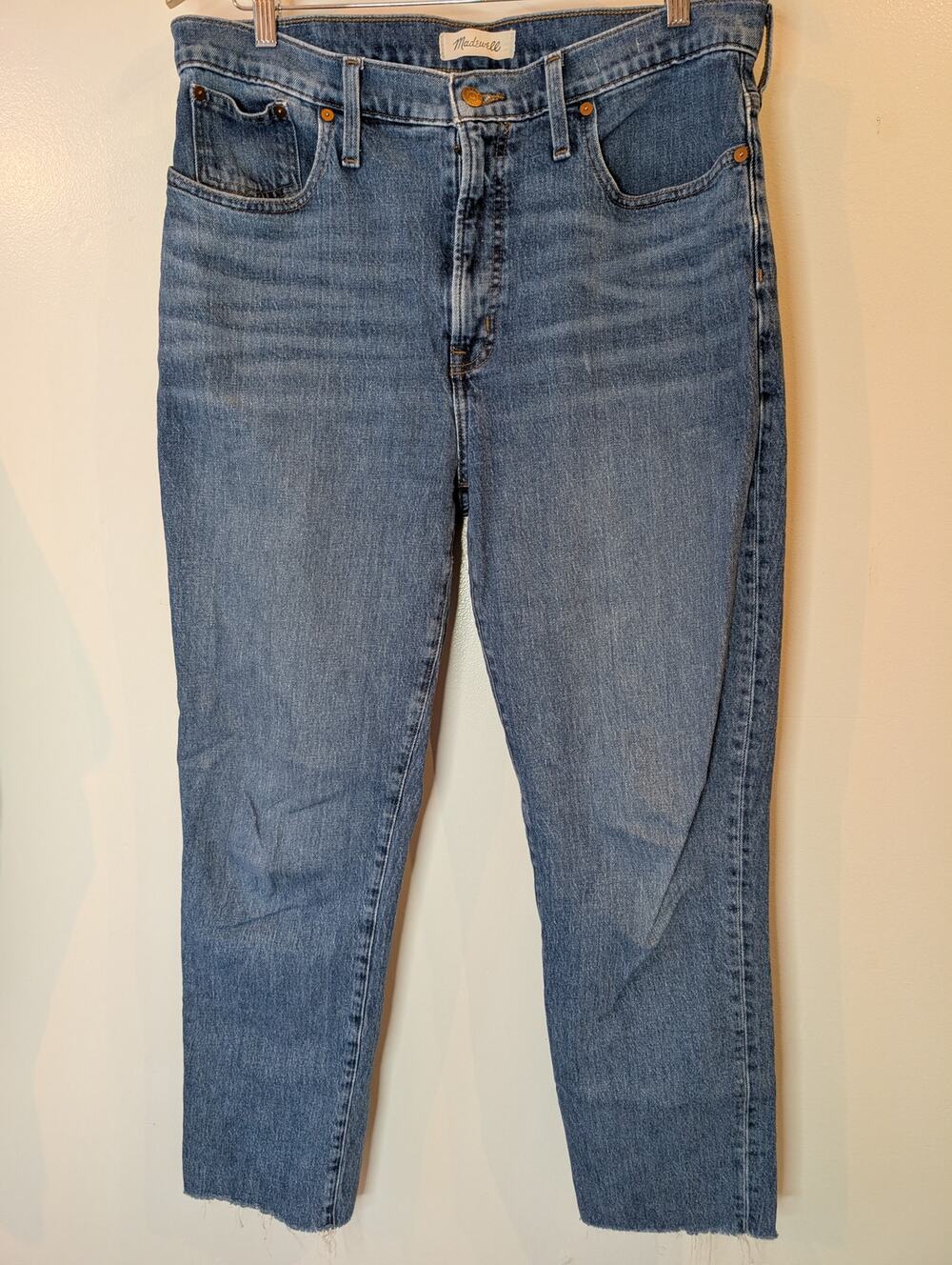 Madewell Womens 31 High Rise Straight Leg Jeans Raw Hem Medium Wash Cropped Blue